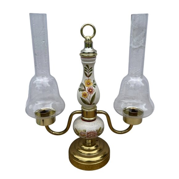 VTG Floral Porcelain Brass Candelabra Glass Globes Colonial Cottage 1960s - Picture 5 of 8